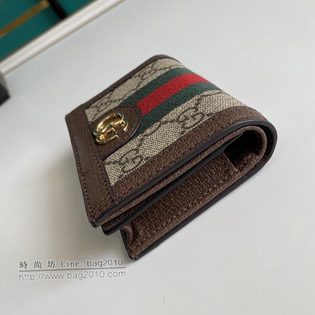 Gucci原厂皮包包 古驰男女翻盖GG印花织带短夹 Gucci三折零钱包 523155  gdj1523